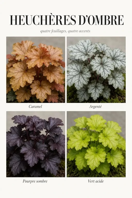 Les plus belles heuchères : planche comparative de variétés aux feuillages caramel, argenté, pourpre et vert acide