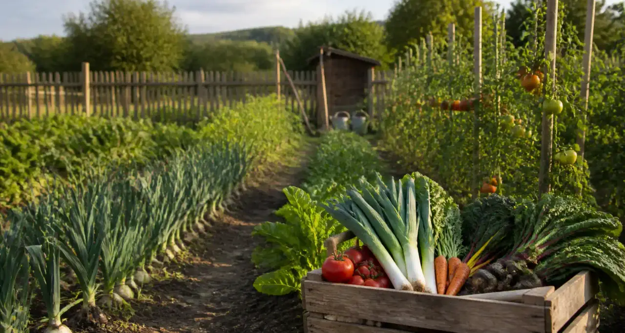 Potager en fin d'après-midi avec caisse en bois remplie de légumes fraîchement récoltés