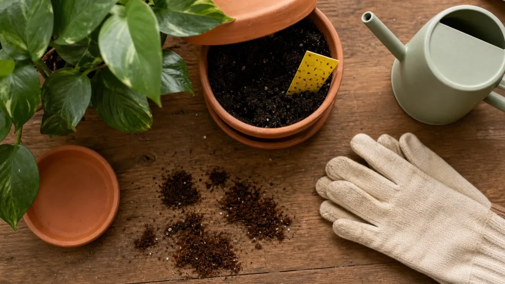 Marque de café dans une plante contre les moucherons
