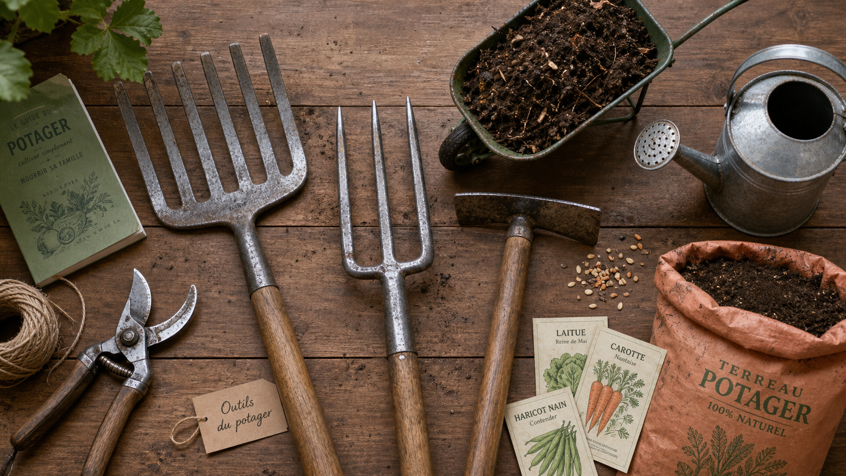 Outlis de jardinage : grelinette, fourche-bêche, binette et sécateur sur table en bois