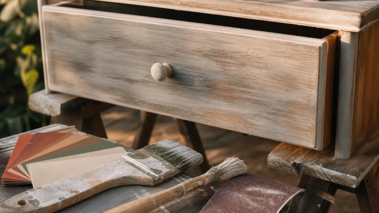 Peinture effet bois flotté sur commode, base grisée et voile transparent sur tiroir