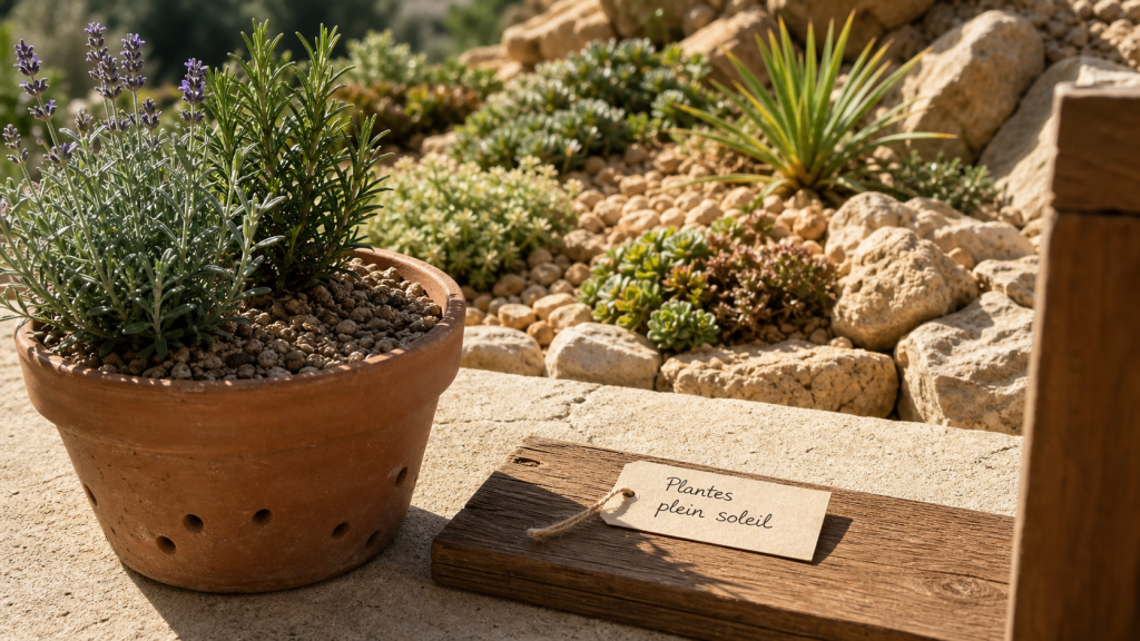 Plantes plein soleil sans arrosage : lavande et romarin sur sol drainé