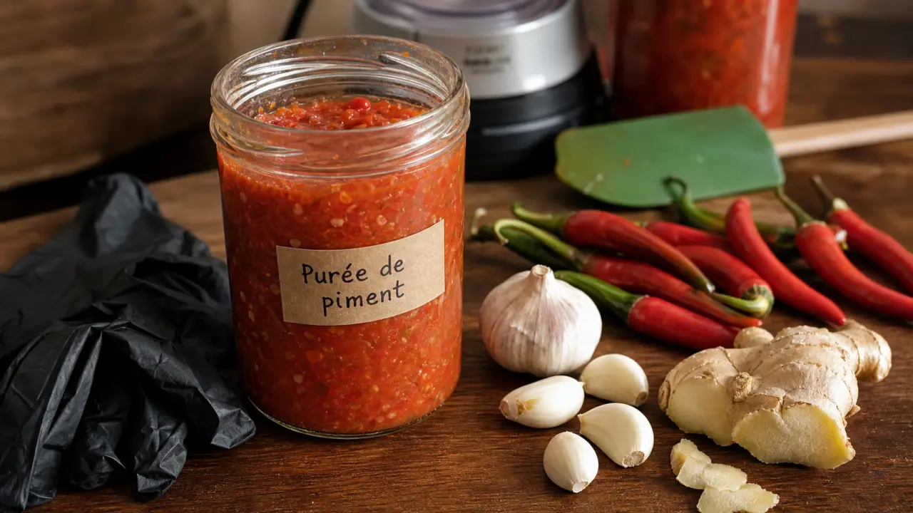 Purée de piment maison dans bocal stérilisé, gants nitrile et piments frais