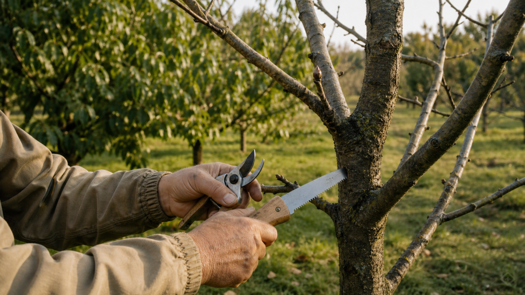 Quand tailler les arbres fruitiers : sécateur sur branche de pommier en hiver
