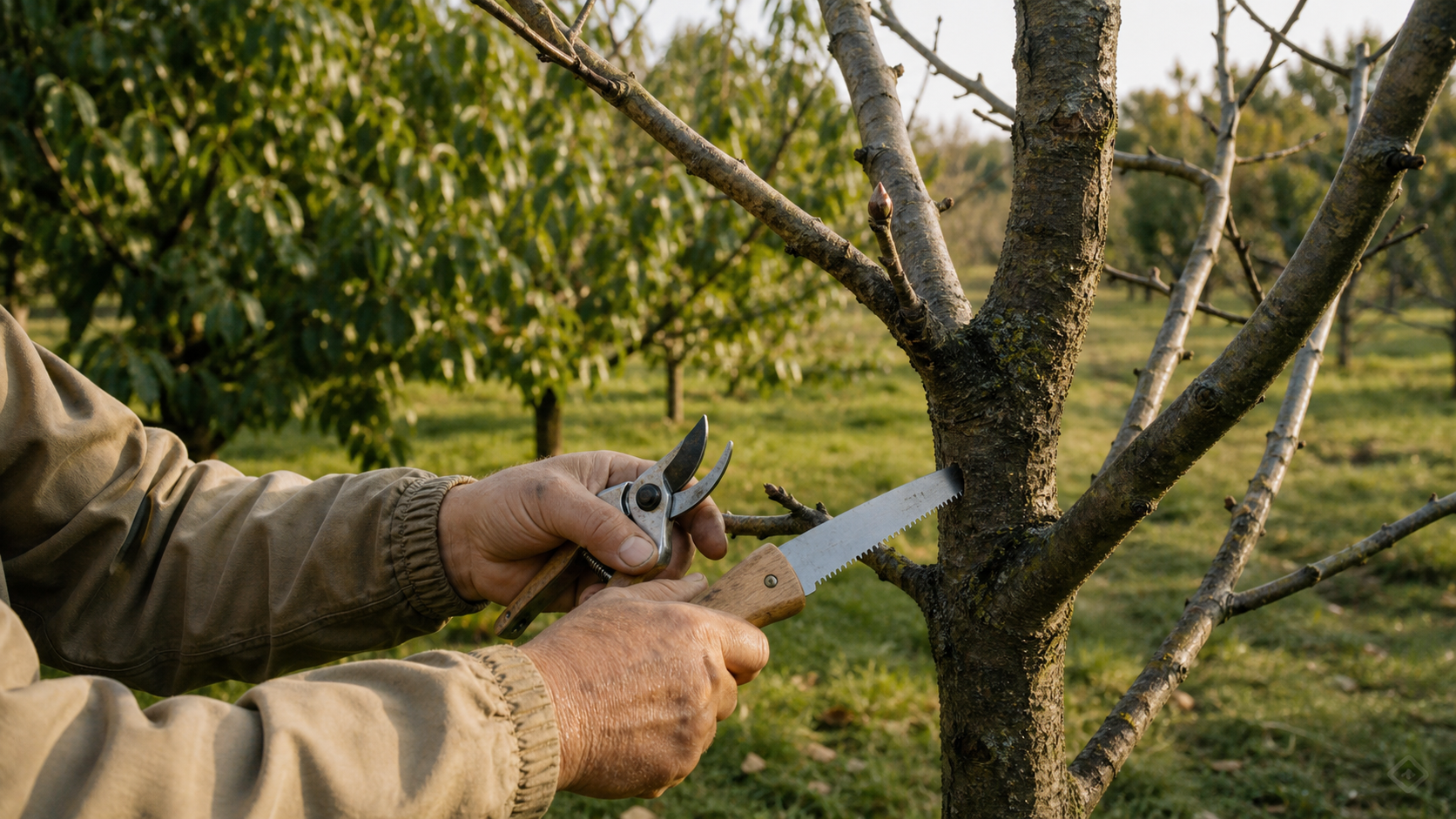 Quand tailler les arbres fruitiers : sécateur sur branche de pommier en hiver