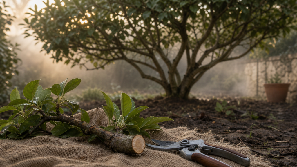 Quand tailler un magnolia : branche coupée fraîche et sécateur