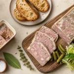 Recette de pate campagne maison : terrine de pâté de campagne, tranche sur pain, cornichons
