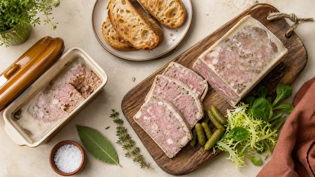 Recette de pate campagne maison : terrine de pâté de campagne, tranche sur pain, cornichons