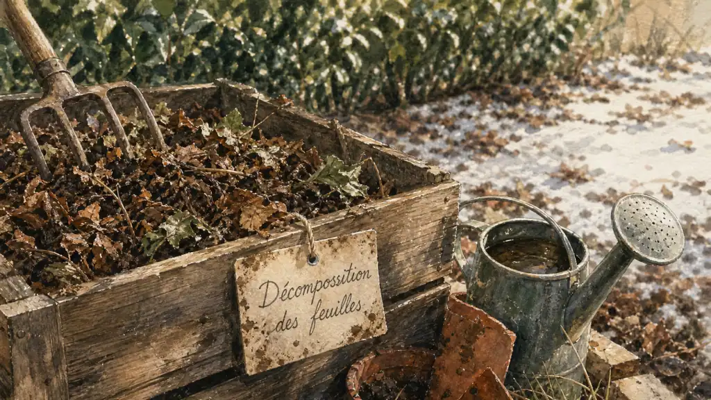 Temps décomposition feuilles mortes : tas de feuilles mortes en hiver