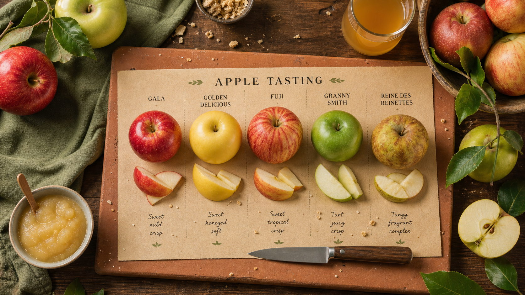 Variétés de pommes les plus consommees : Gala, Golden, Fuji, Granny Smith sur une table