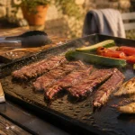 Viandes pour plancha : fines tranches de bœuf et volaille grillent sur plaque chaude