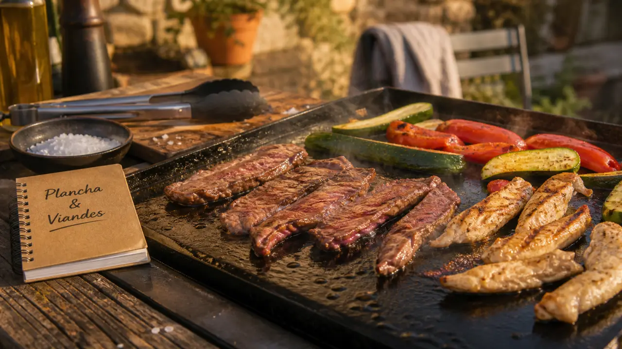 Viandes pour plancha : fines tranches de bœuf et volaille grillent sur plaque chaude
