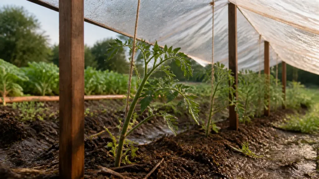 Abri à tomates fait maison : un toit ouvert, une pente de 20 cm et des matériaux de récup’