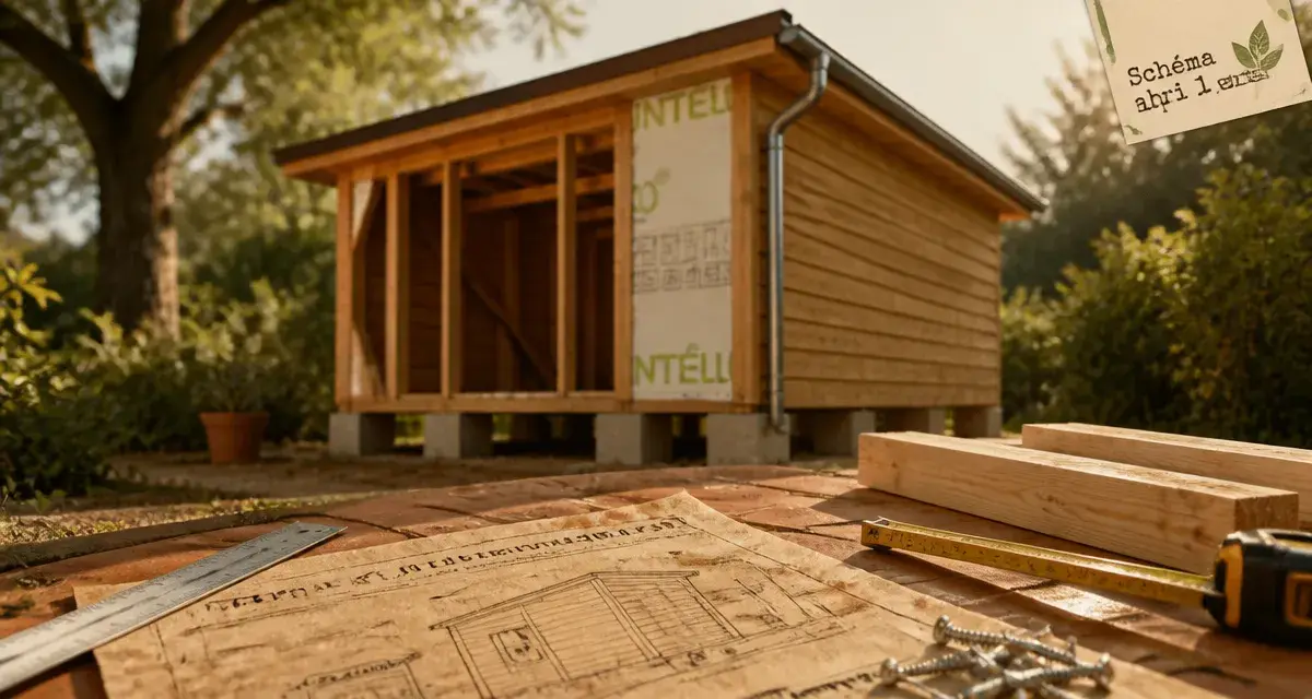 Appenti schema plan abri de jardin en bois 1 pente sur plots béton