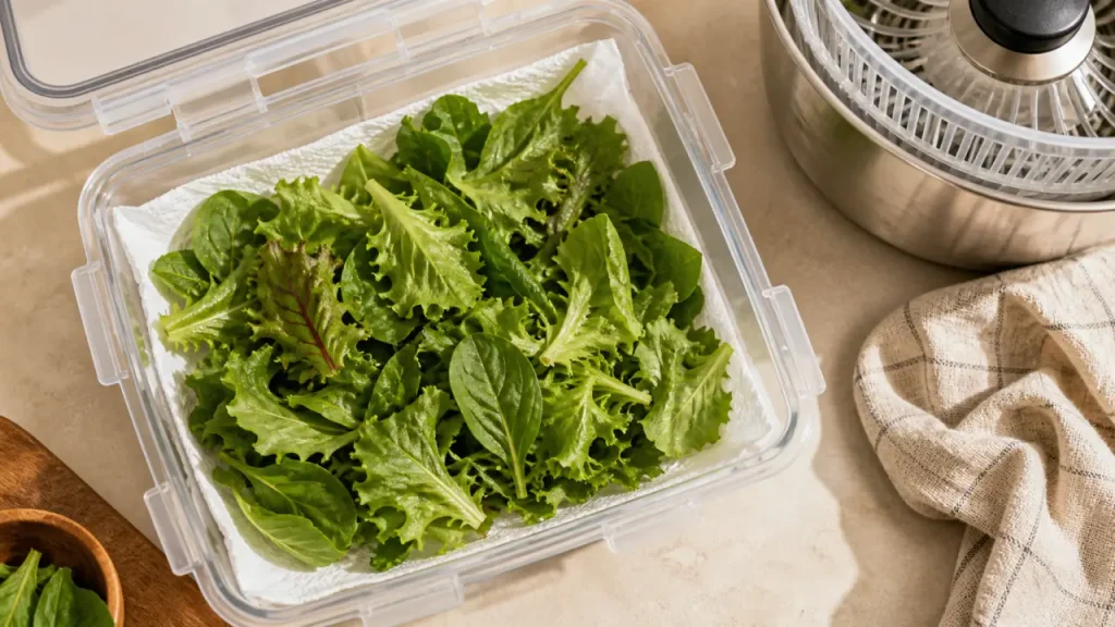 Conserver la salade au frigo sans qu’elle flétrisse : papier absorbant, bac à légumes et erreurs à éviter