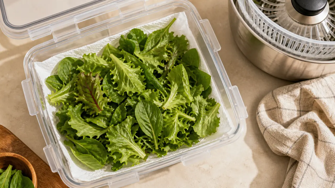 Conserver salade au frigo : papier absorbant et salade essorée au bac à légumes