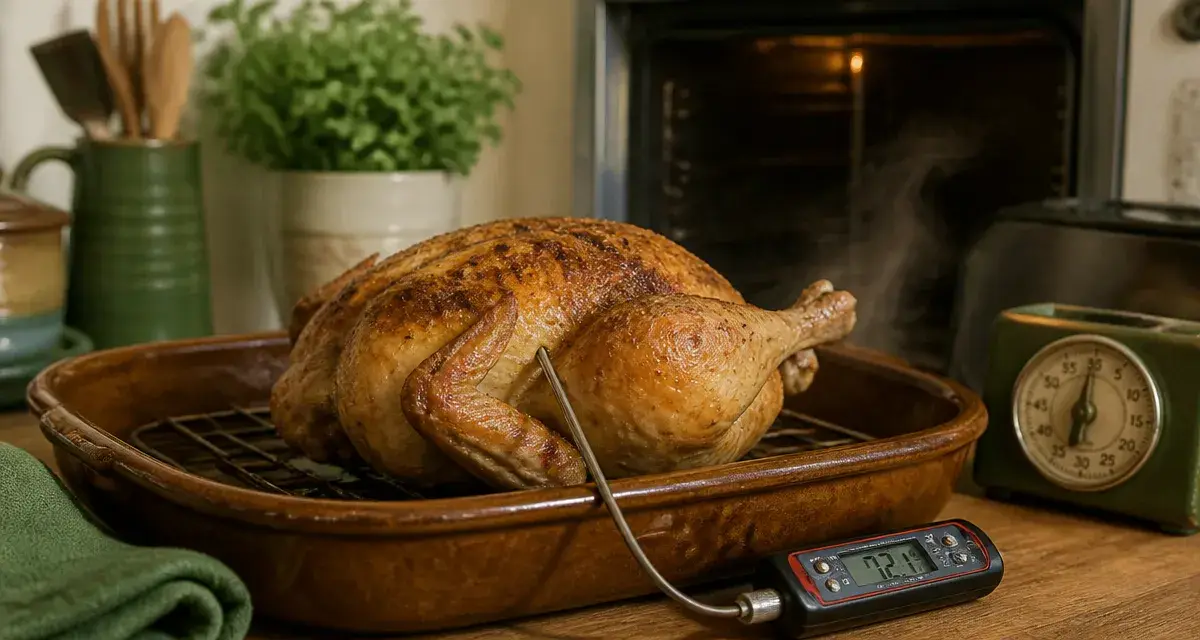 Cuisson poulet basse température : poulet rôti, peau dorée et thermomètre à sonde