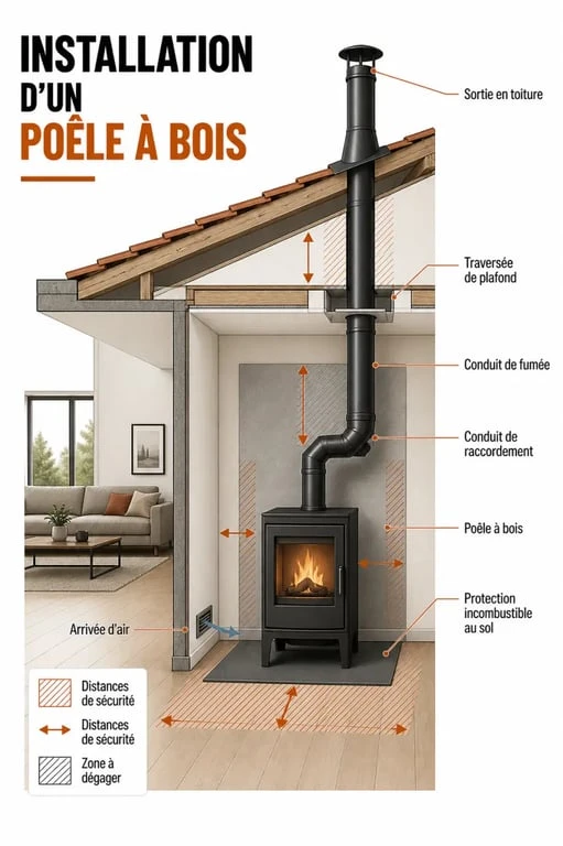Schéma installation poêle à bois avec conduit, arrivée d’air et distances de sécurité