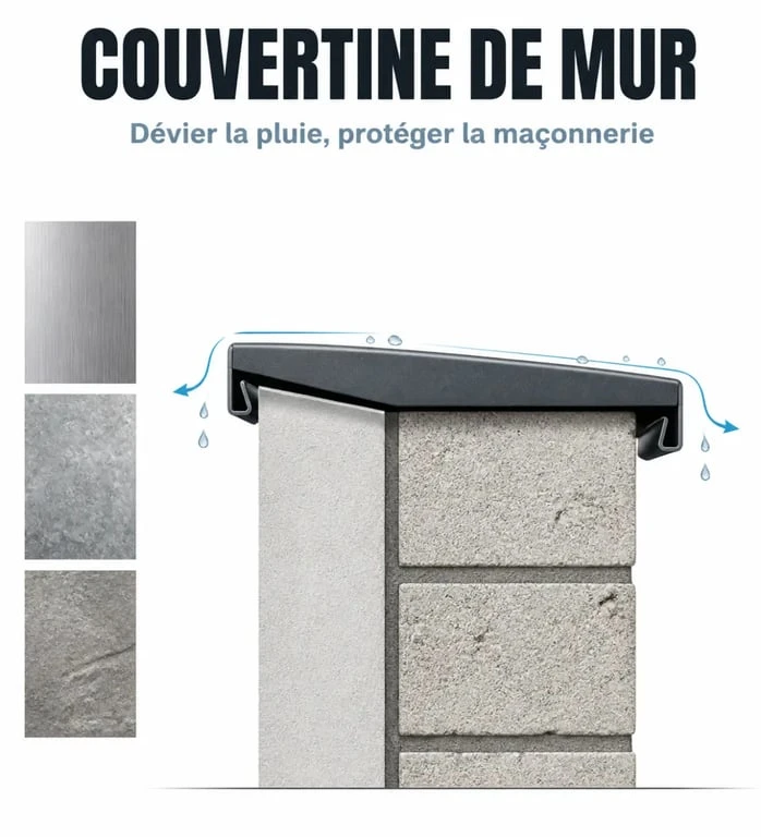 Couvertine mur : schéma éditorial d’une coupe de muret avec retours anti-infiltration et écoulement de l’eau