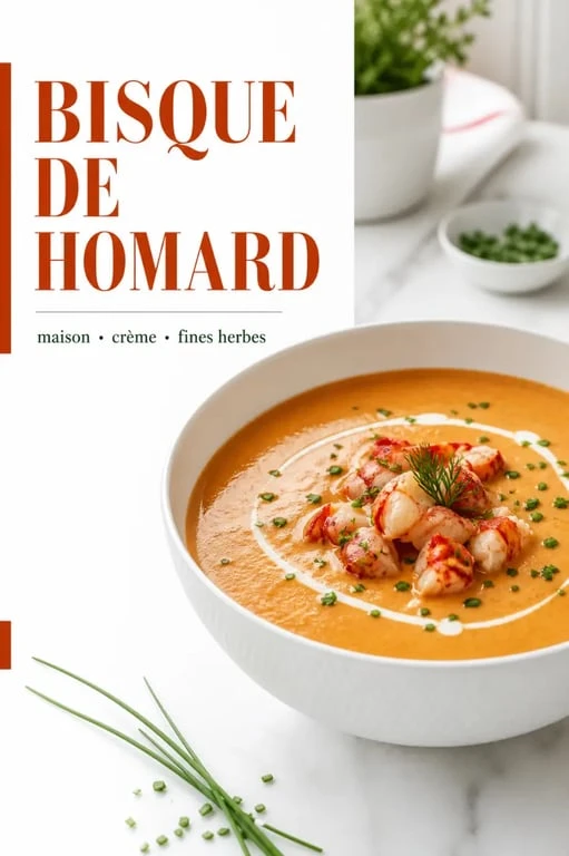 Recettes bisque : bisque de homard maison servie en bol blanc, texture lisse et crémeuse