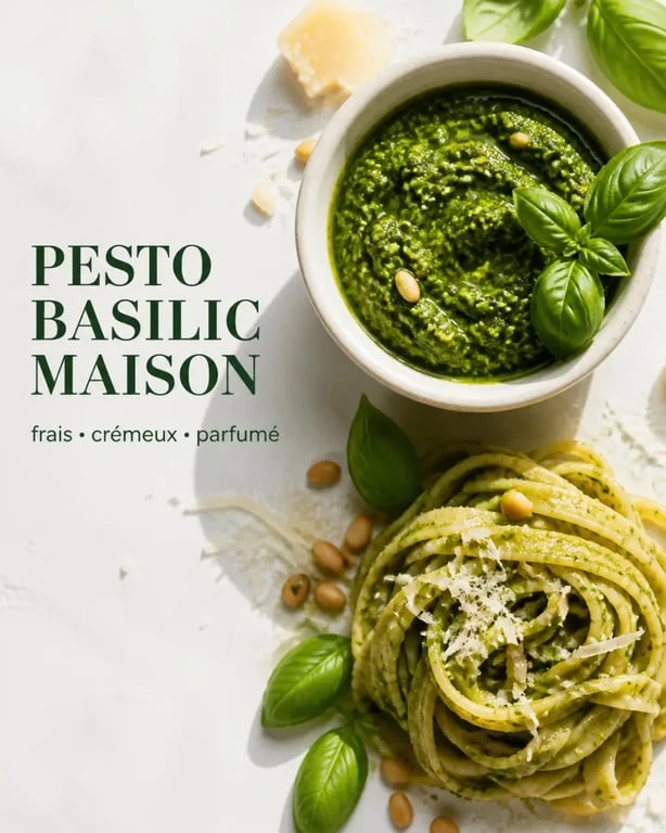 Recette pour pesto basilic maison servie avec des pâtes fraîches