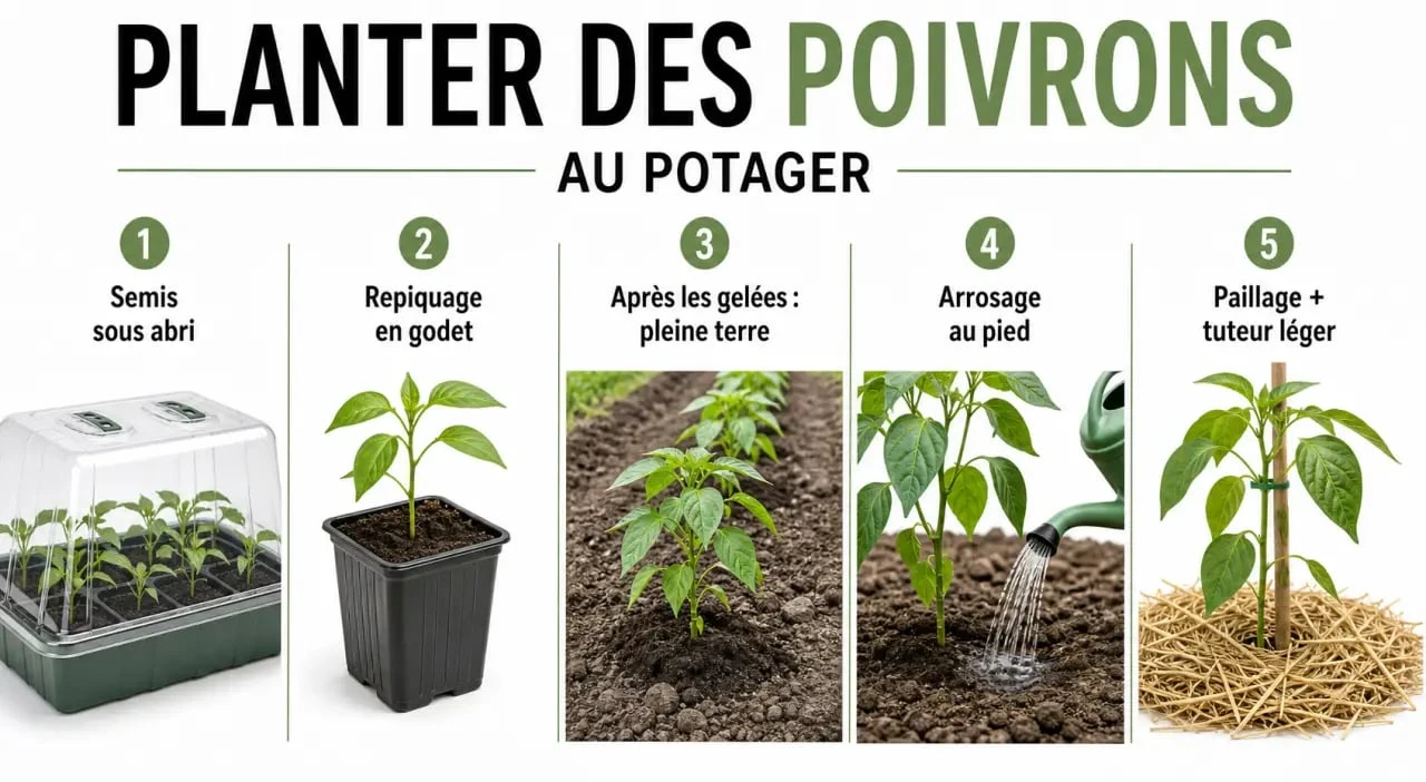 Planter poivron au potager : semis, repiquage, plantation et arrosage en étapes