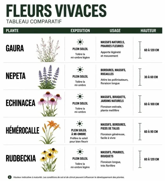 Tableau comparatif des meilleures fleurs vivaces à longue floraison pour le jardin