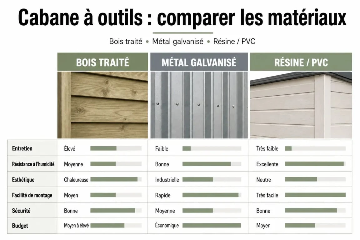 Comparatif cabane à outil de jardin en bois, métal et résine avec critères d'achat