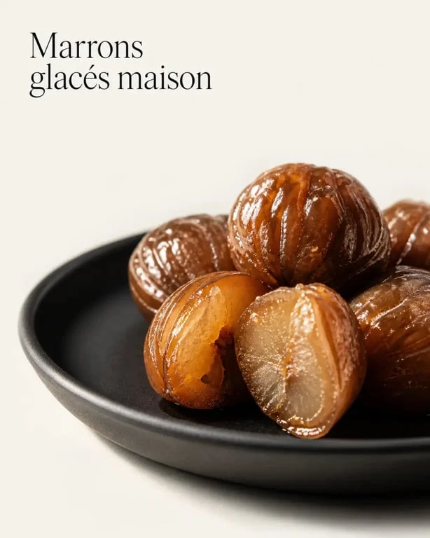 Recettes des marrons glacés maison sur assiette sombre, brillants et fondants en gros plan