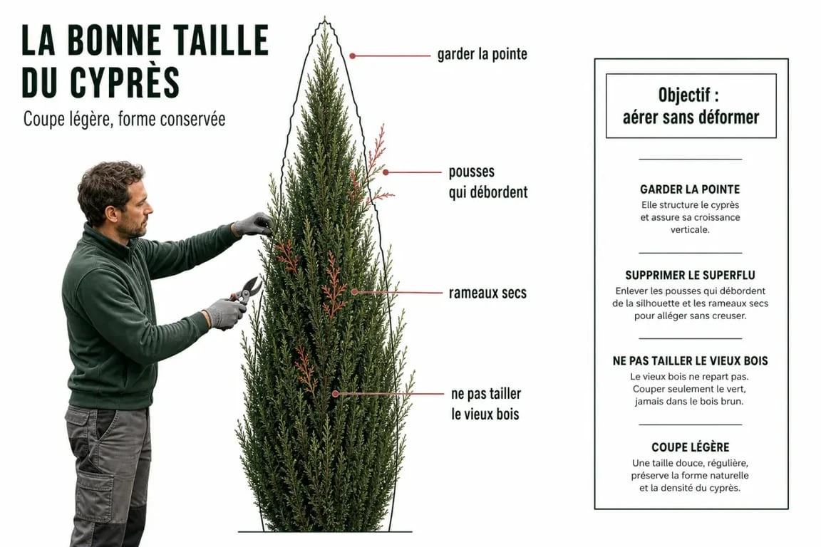 Taille cypres : geste de coupe léger sur une haie pour conserver la forme et la densité