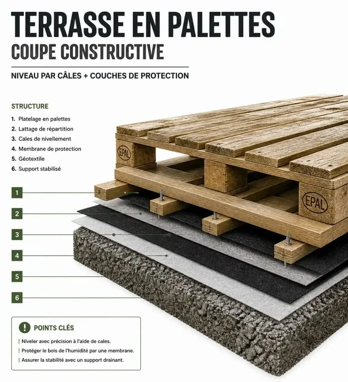 Structure technique d'une terrasse en palette avec calage et protection