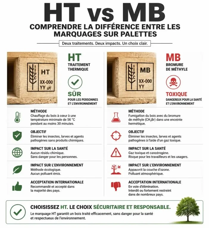 Marquages de sécurité sur palette pour terrasse : HT vs MB