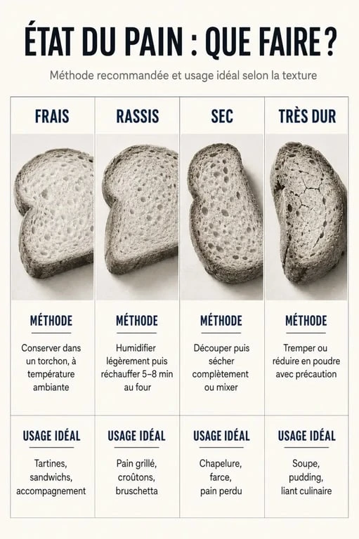 Recettes avec pain : tableau visuel comparant pain frais, rassis, sec et très dur avec la meilleure méthode