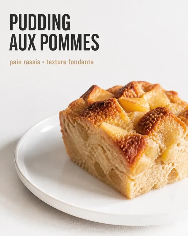 Recette avec pain : pudding moelleux aux pommes et pain rassis servi dans une assiette blanche