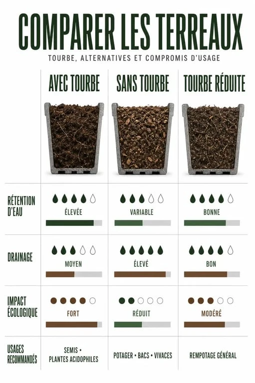 Terreau sans tourbe avantages : comparaison visuelle des bénéfices écologiques et des usages