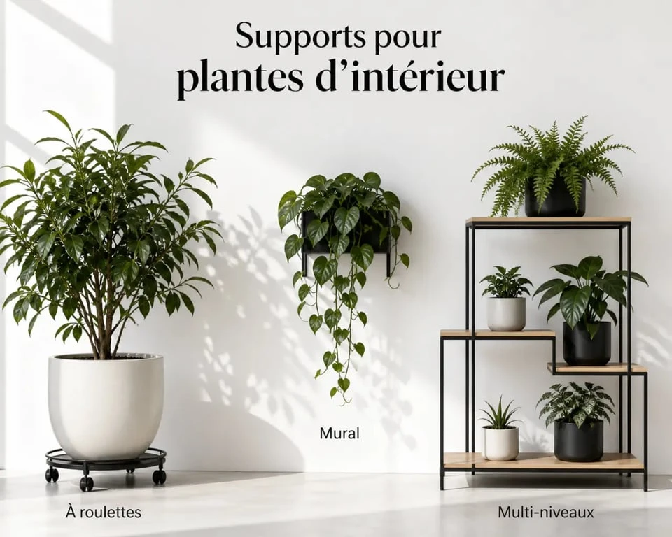 Support plante intérieur dans un salon contemporain avec support à roulettes, support mural et étagère à plantes
