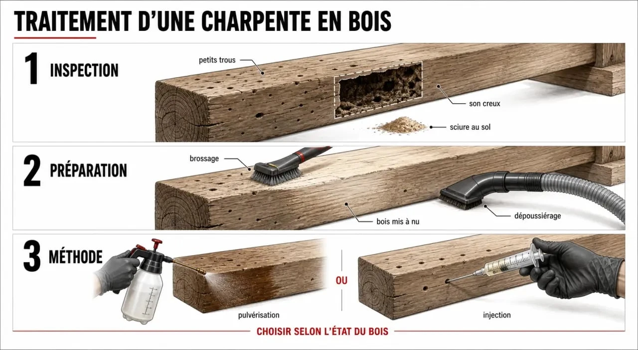 Traitement charpente bois : signes d’attaque, préparation du bois et méthodes de traitement