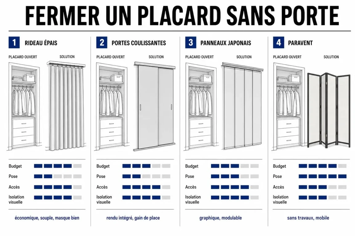 Idée pour fermer un placard sans porte : infographie des solutions rideau, portes coulissantes, panneaux japonais et paravent