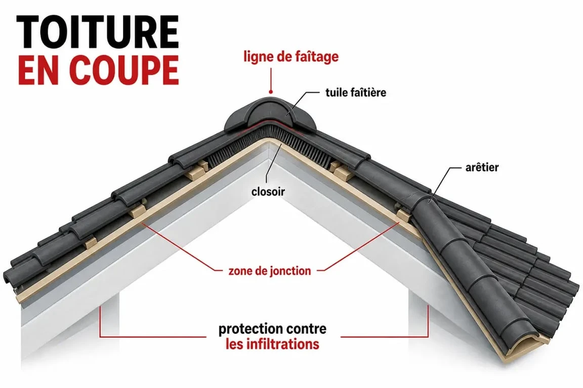 Tuile faîtière : schéma éditorial d’une toiture en coupe montrant la ligne de faîtage, l’arêtier et le closoir