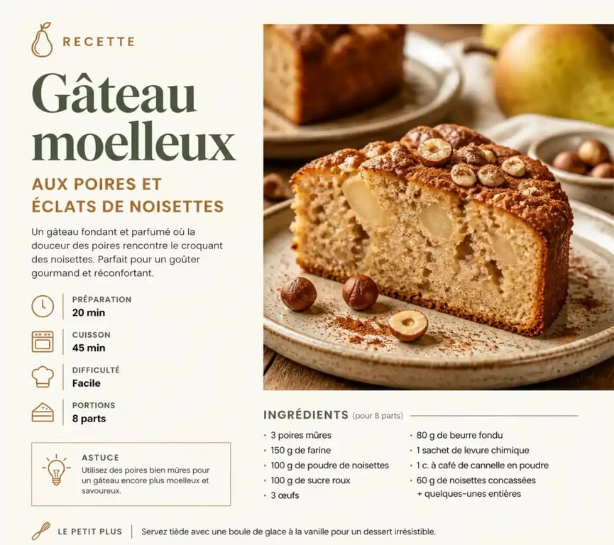 Gâteau moelleux aux poires et éclats de noisettes, un dessert d'automne gourmand et réconfortant.