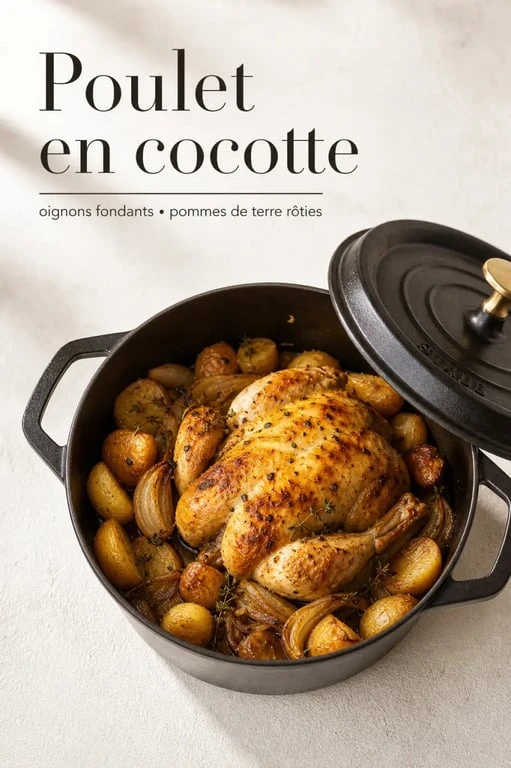 Poulet au four cocotte fermée doré et moelleux servi en cocotte avec jus et pommes de terre