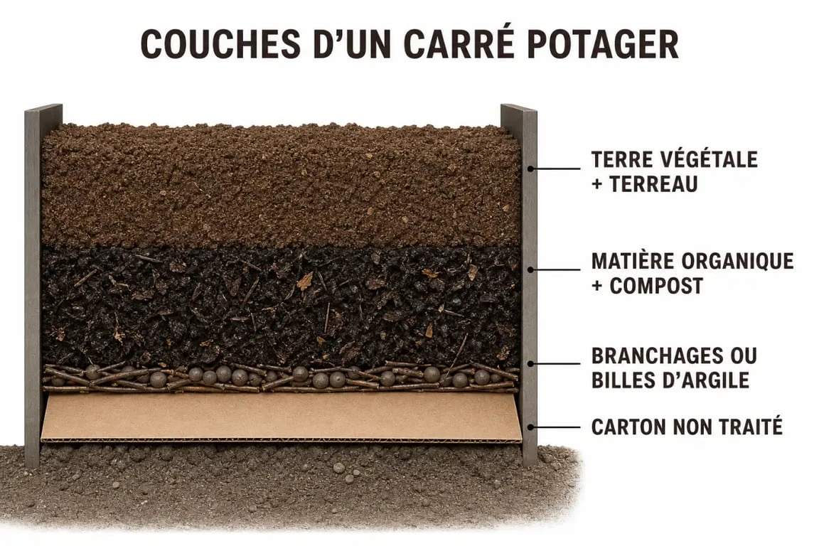 Que mettre au fond d'un carré potager : schéma en coupe d’un bac avec carton brun, couche drainante, compost et mélange de culture