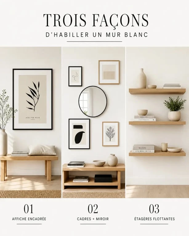 Idées pour décorer un mur blanc avec une affiche, des cadres et des étagères flottantes