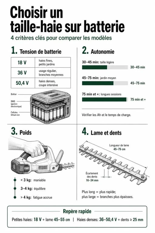 Taille haie sur batterie : infographie comparative des critères de choix