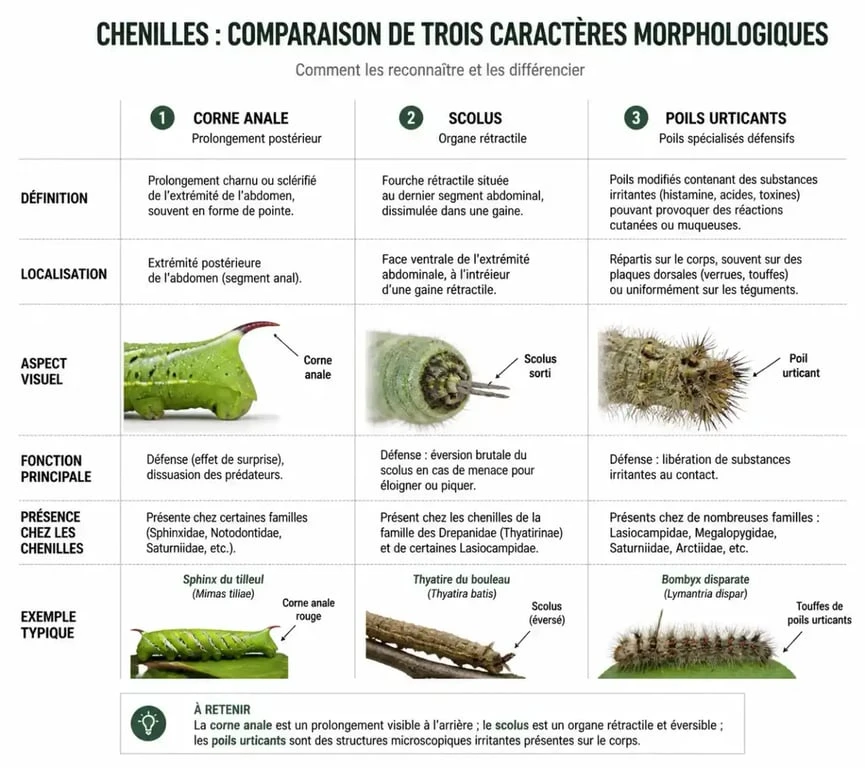 Schéma comparatif pour identifier une chenille verte dangereuse ou inoffensive