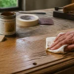 Lhuile de lin bois sur meuble en bois : chiffon et pot