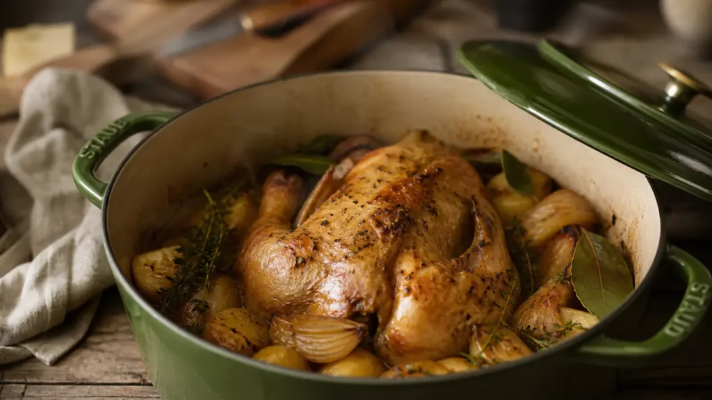 Poulet au four en cocotte fermée : 200°C, couvercle fermé et jus pour une viande moelleuse
