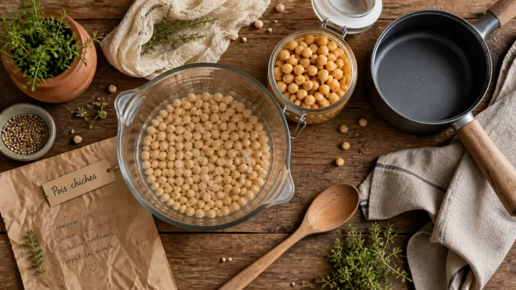 Pois chiches : 8 à 12 heures de trempage, cuisson sans sel et texture fondante