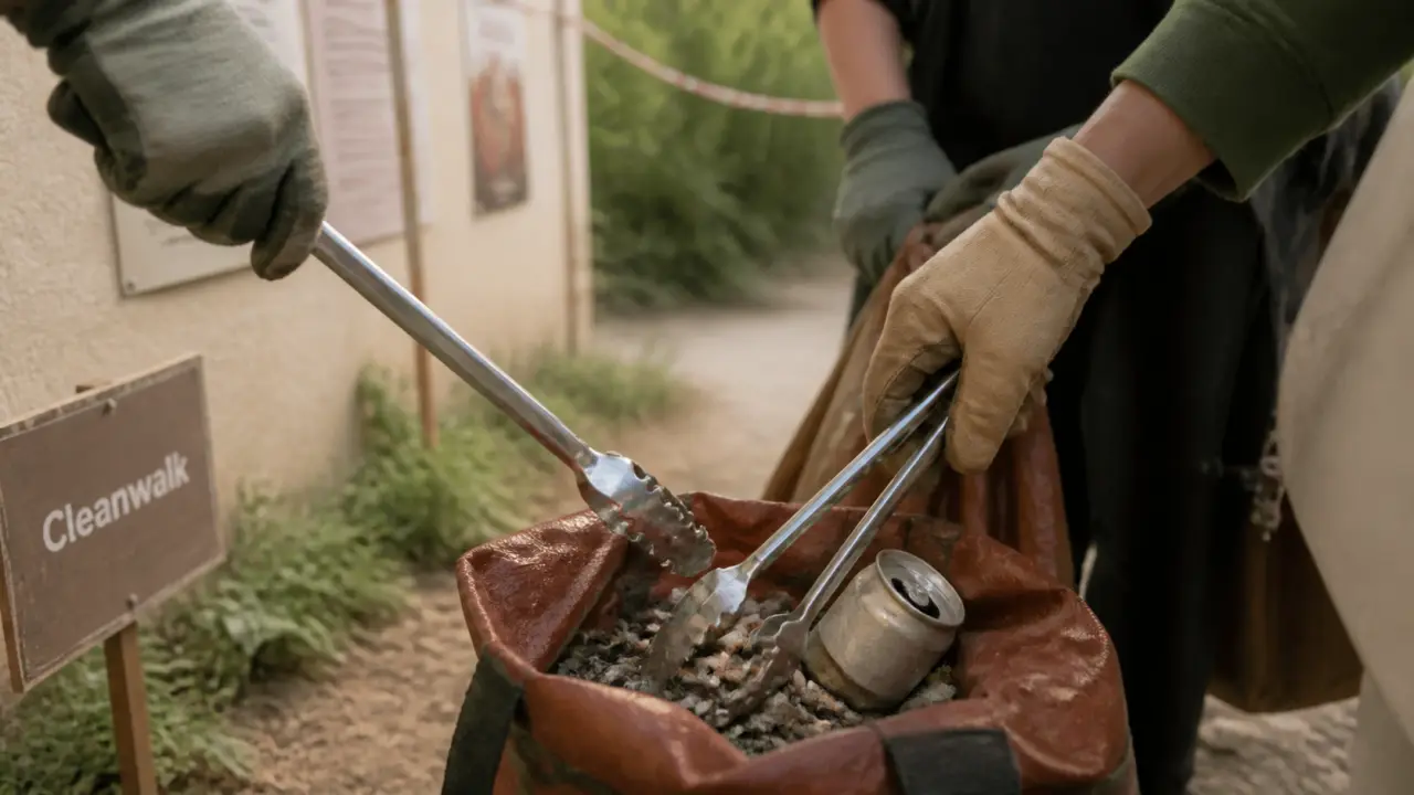 Ramasser des dechets en cleanwalk : tri et sécurité, mains gantées, bord d’allée