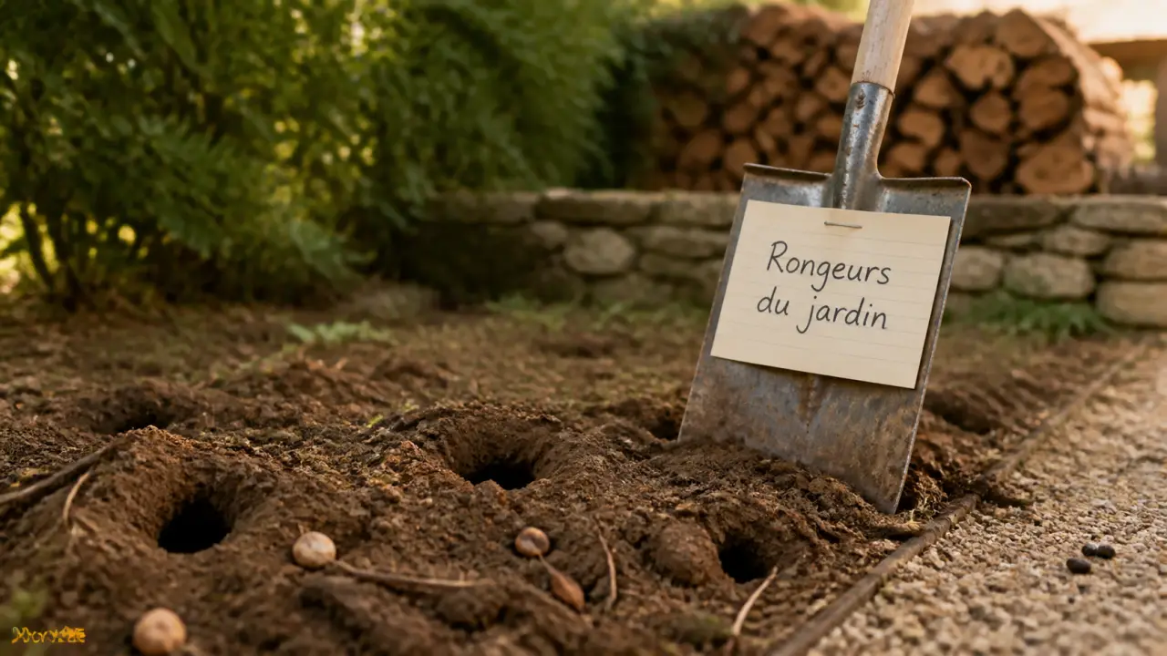 Rongeurs du jardin : trous et crottes dans une terre bêchée, campagnols, mulots, souris, rats